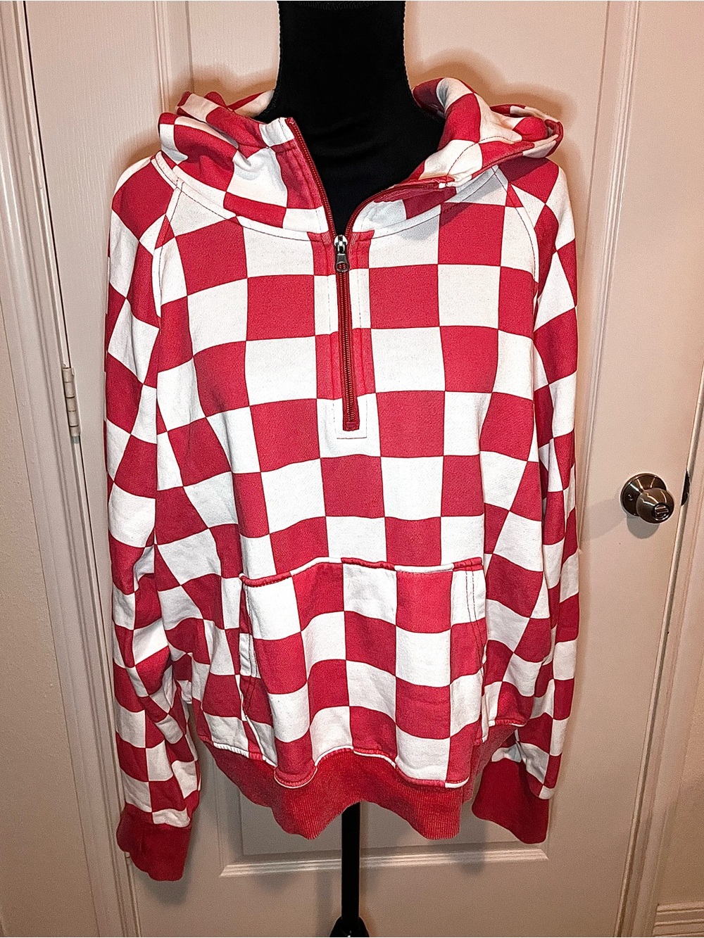 Red and White Checkered Hooded Pullover Sweatshirt by Blakeley